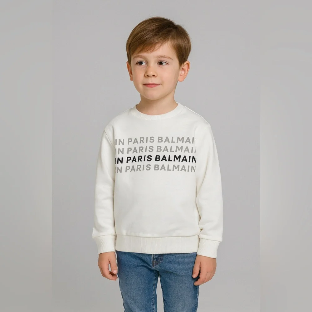 BALMAIN NWT Unisex Kids Logo Printed Long Sleeve Pullover Crewneck Sweatshirt